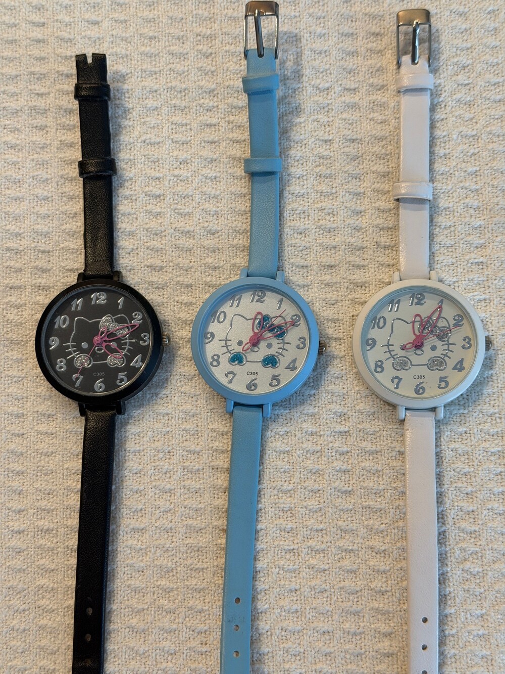 Hello Kitty C305 Watch Set of 3 Black Blue White Faux Leather Strap